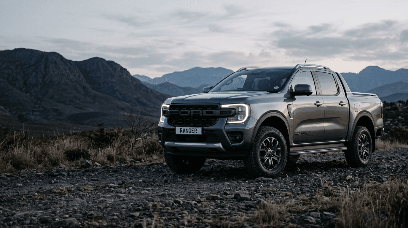 Graphite Ford Ranger in a southern African mountain landscape; illustrative photograph